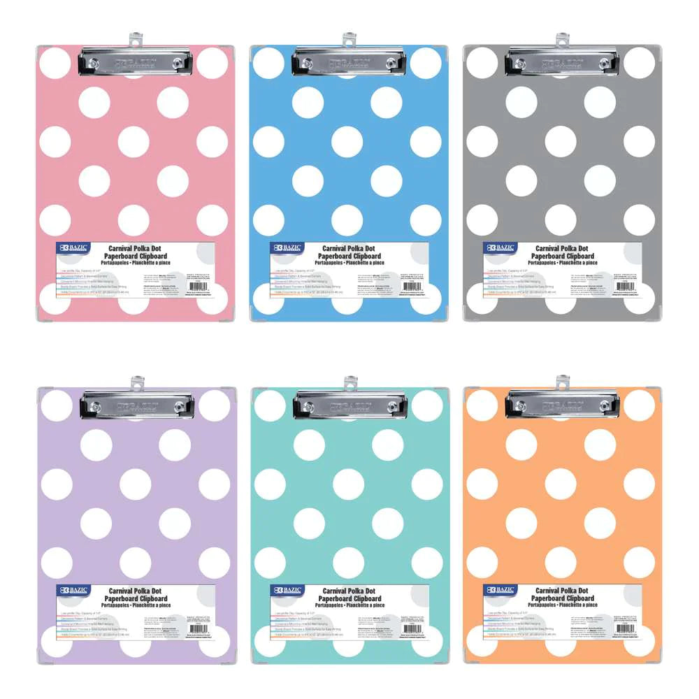 Paperboard Clipboard Standard Size Carnival Polka Dot w/ Low Profile Clip, Color May Vary