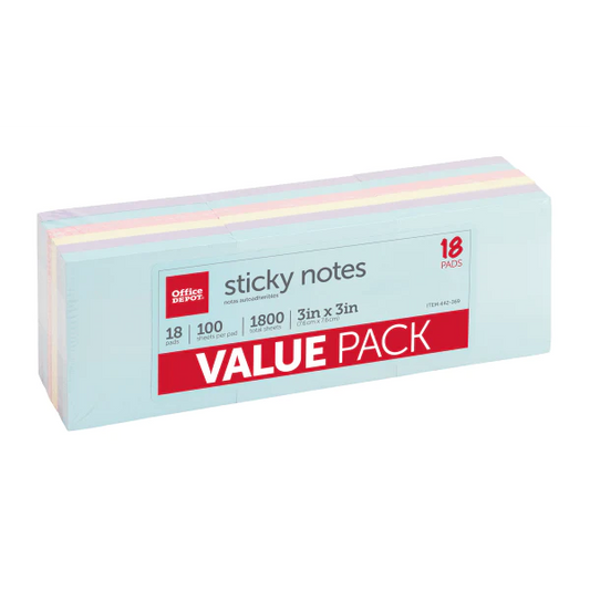Sticky Notes Value Pack, 3" X 3", Assorted Pastel Colors, 100 Sheets Per Pad, Pack Of 18 Pads