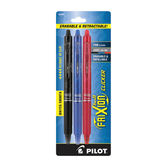 Pilot® FriXion® Clicker Erasable Gel Pens, Fine Point, 0.7 Mm, Classic Assorted Barrels, Assorted Ink Colors, Pack Of 3
