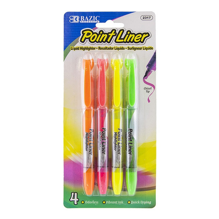 BAZIC Pen Style Fluorescent Color Liquid Highlighters 4/Pack