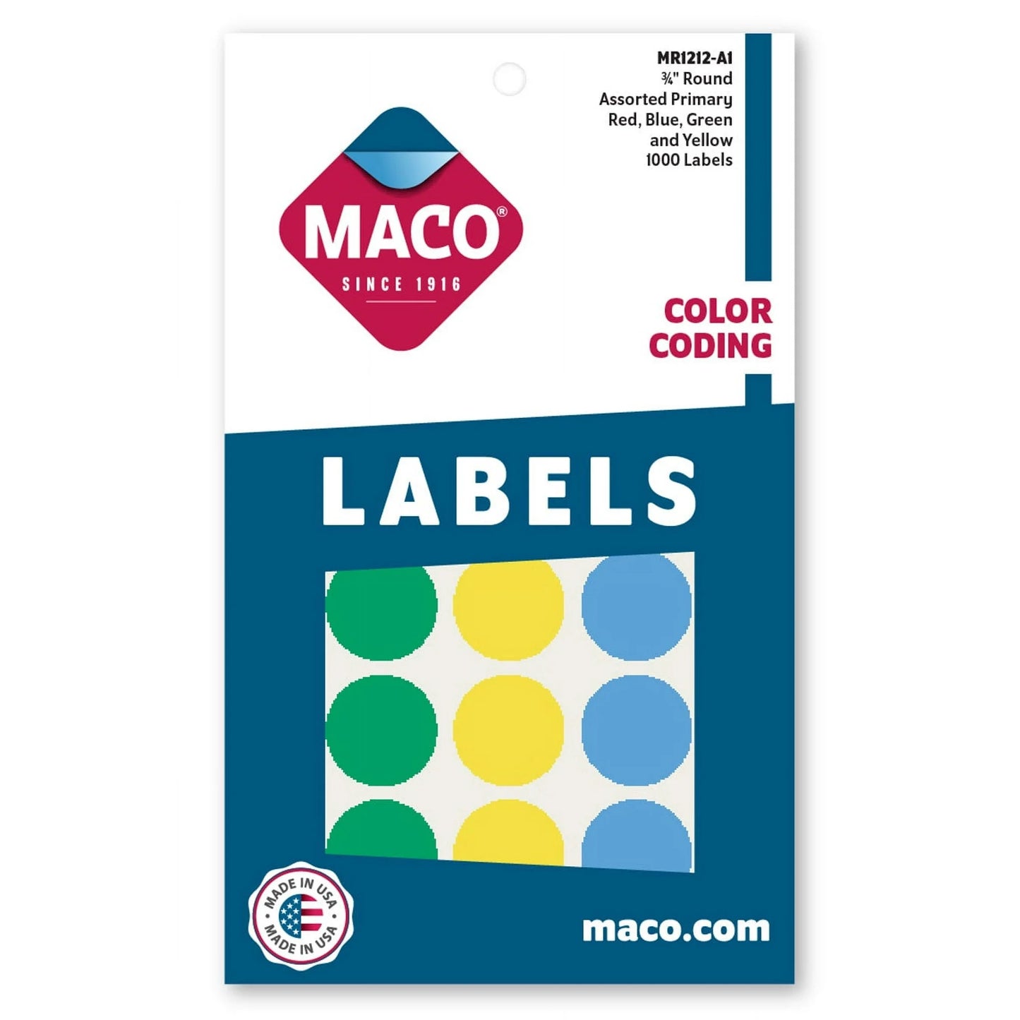 3/4" Dia. Color Coding Labels, Assorted Primary, 1000/Bx