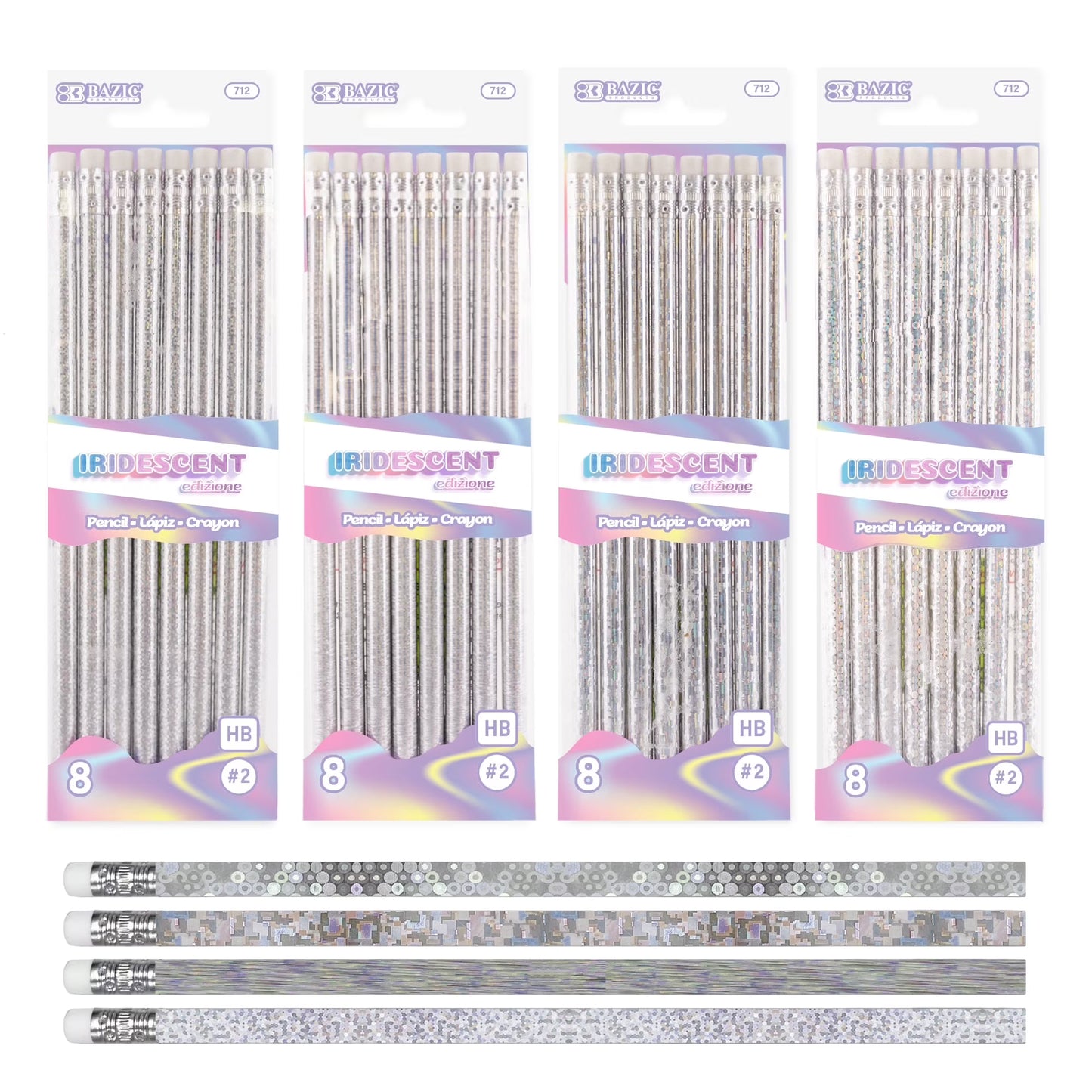 Iridescent Holographic Pencil w/ Eraser 8/Pack
