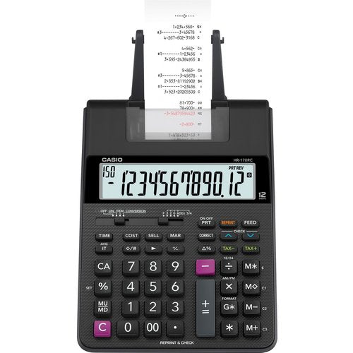 Casio HR-170RC Printing Calculator, Dual Power, Two-color Printing, Easy-to-read Display, Sign Change, Compact - 12 Digits