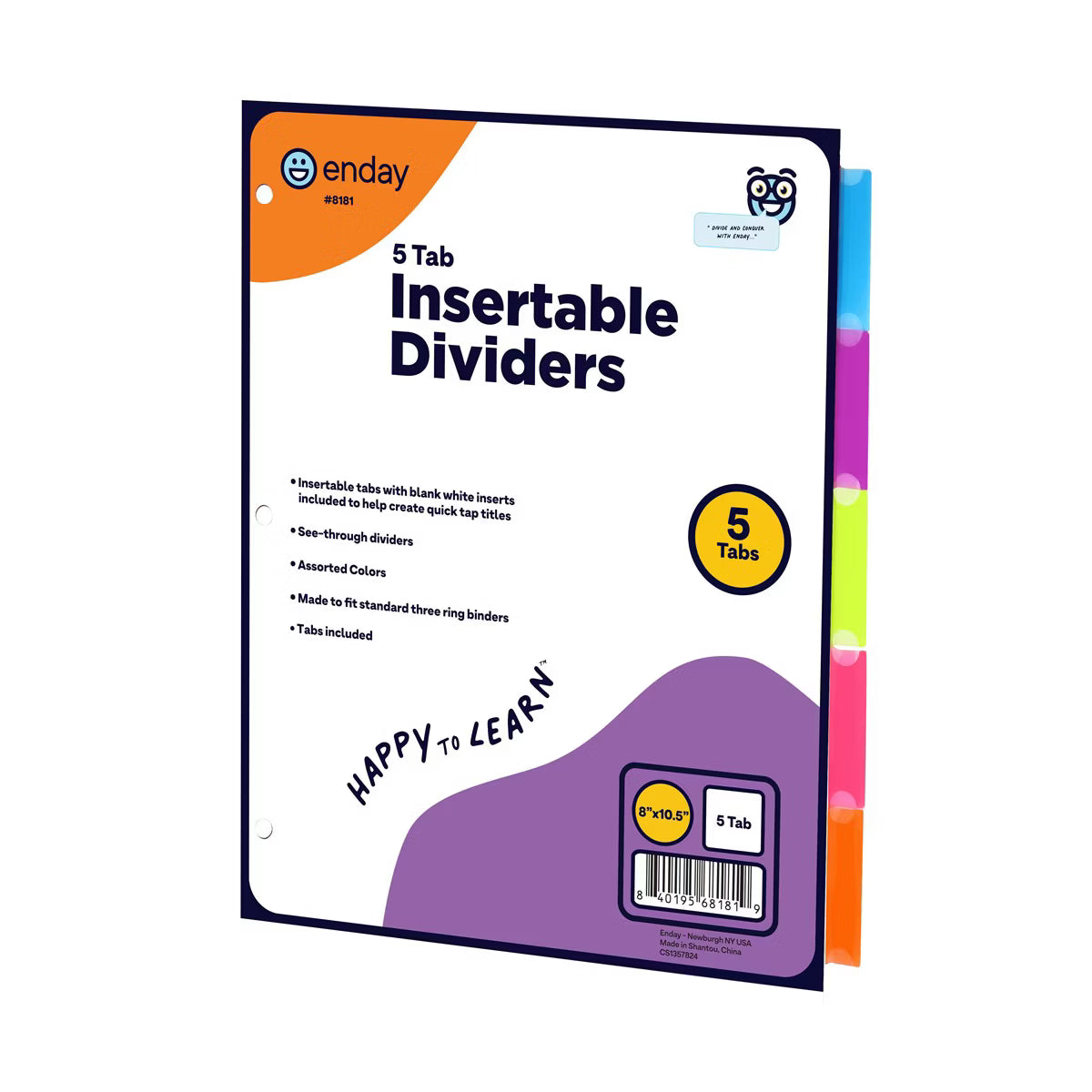 Enday 5 Tab Dividers, Plastic Multicolor With White Insertable Tabs