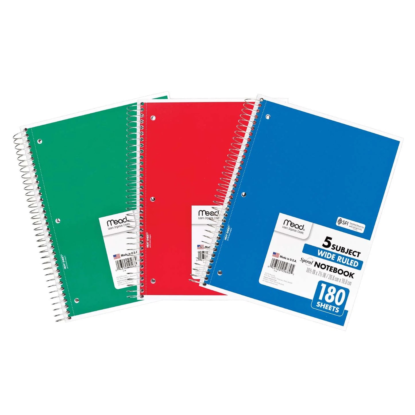 5 Subject Spiral Notebooks, Wide Ruled Color may vary