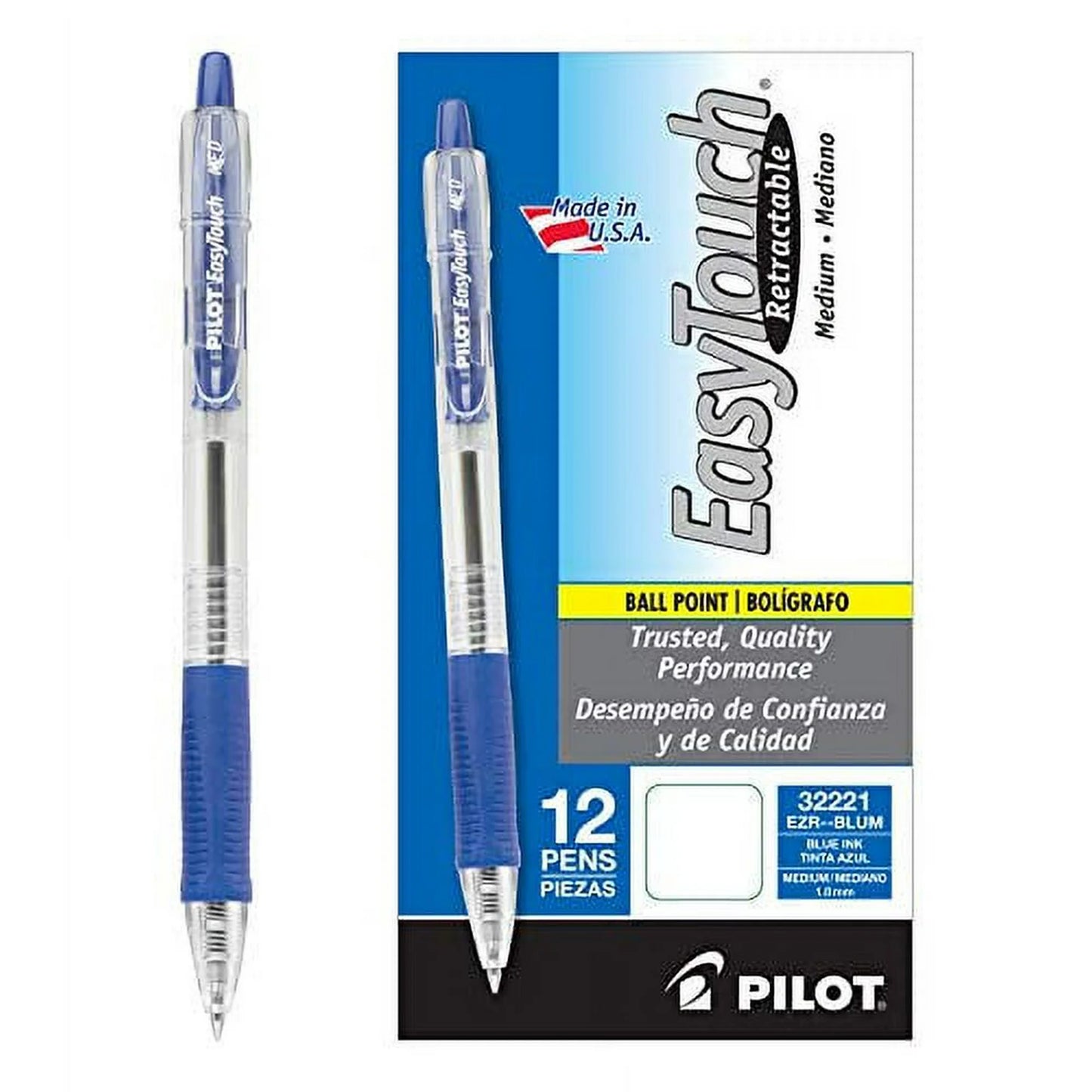 Pilot EasyTouch Retractable Ballpoint Pens, Medium Point, Blue 12 Pack