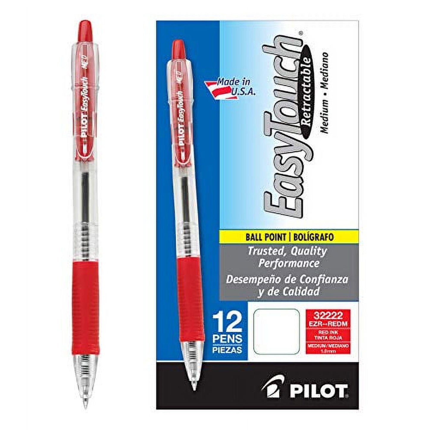Pilot EasyTouch Retractable Ballpoint Pens, Medium Point, Red 12 Pack