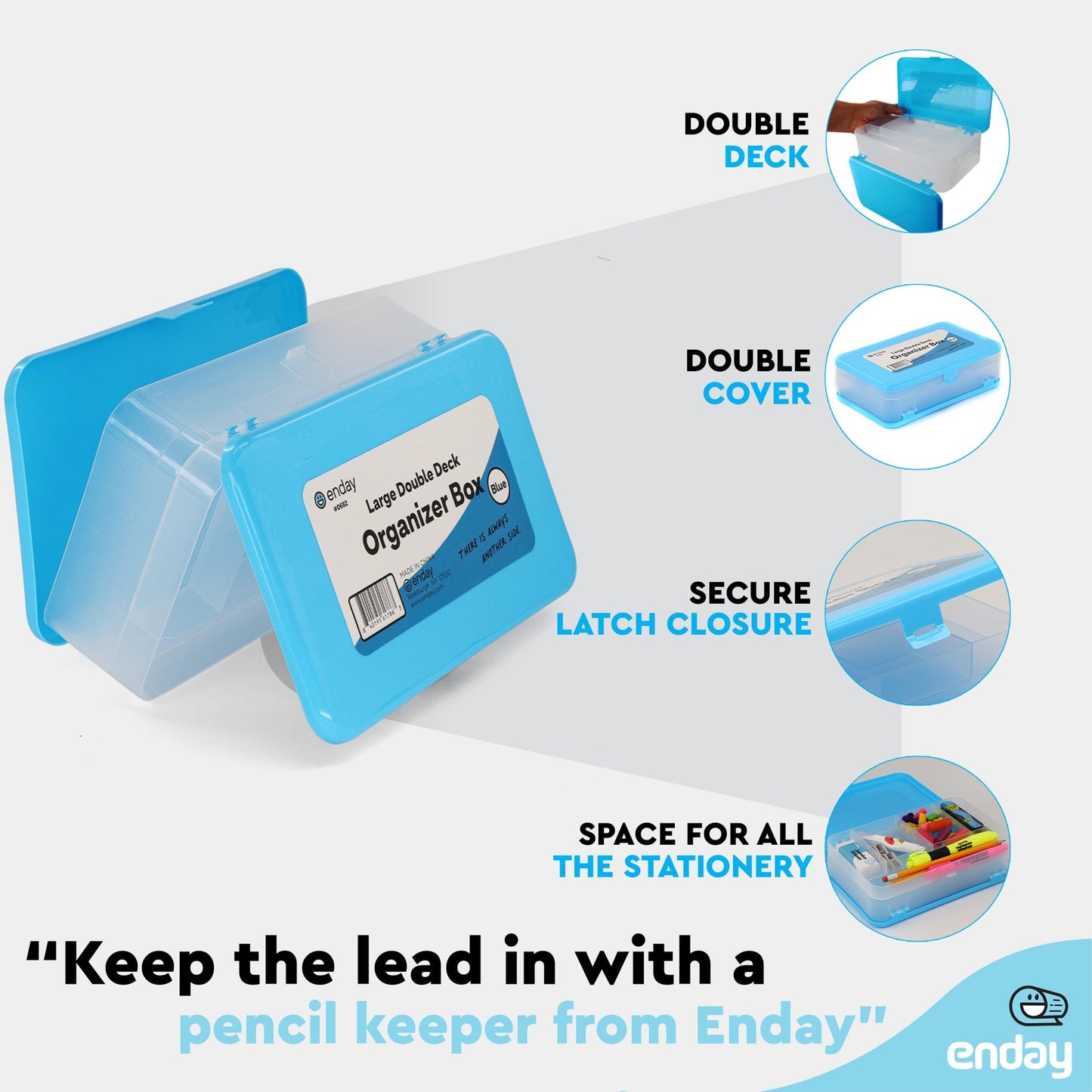 Enday Pencil Box, Large Capacity Plastic Double Sided Blue