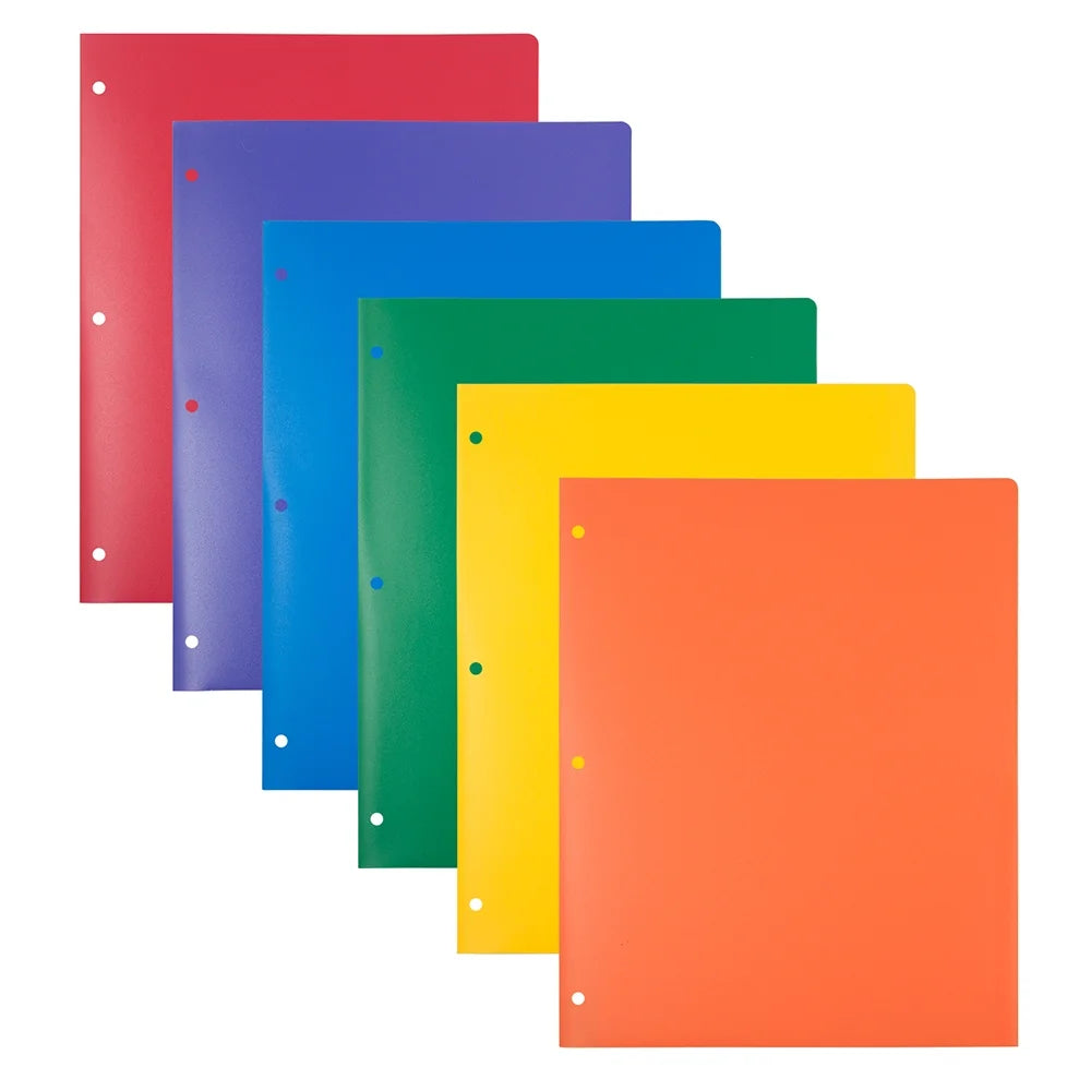 2 Pocket Poly Folder, 3-Hole, Assorted Colors, Case 48