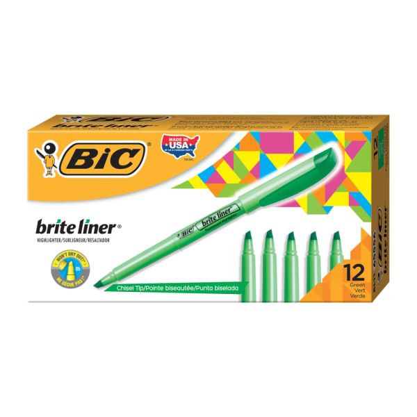 BIC Brite Liner Highlighters, Chisel Tip, Green, Box Of 12