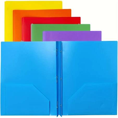 Plastic 3 Prong 2 Pocket Folder, Assorted Colors, Case 100