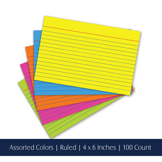 Ruled Colored Index Cards, 4" X 6" 100 count