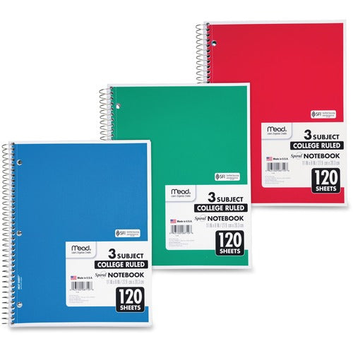 3 Subject Spiral Notebooks, College Ruled Color may vary