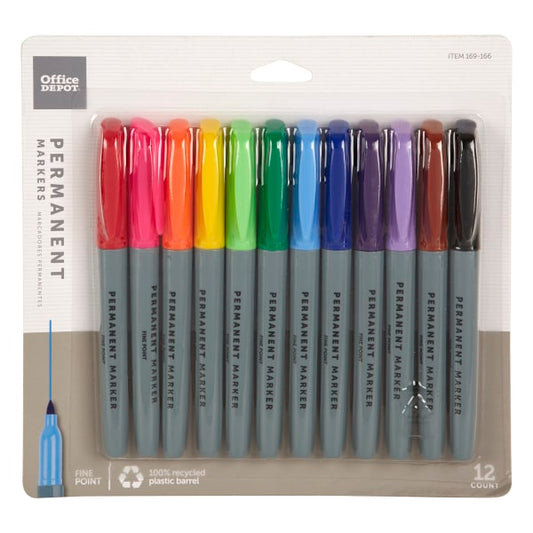 Permanent Markers, Fine Point, Assorted Colors, Pack Of 12