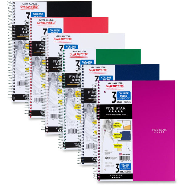 Five Star Notebook, 8 1/2" X 11", 3 Subjects, College Ruled, 150 Sheets, Color may vary