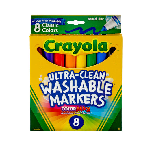 Crayola Ultra-Clean Washable Markers, Broad Bullet Tip, Assorted Colors, 8/Pack