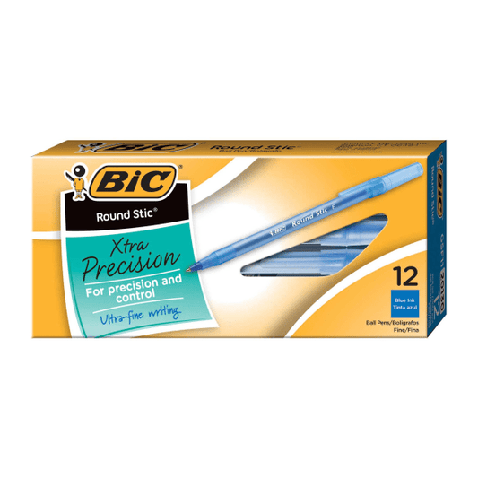 BIC Round Stick Ballpoint Pen, Fine Point, 0.8 mm, Blue 12 Pack