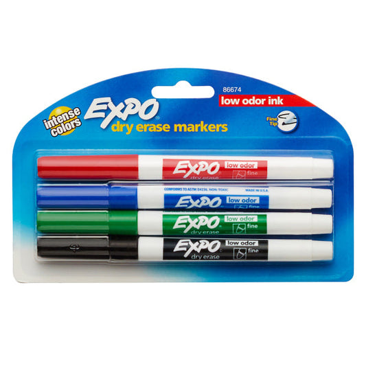 EXPO Low-Odor Dry Erase Markers, Fine Tip, Assorted Colors,