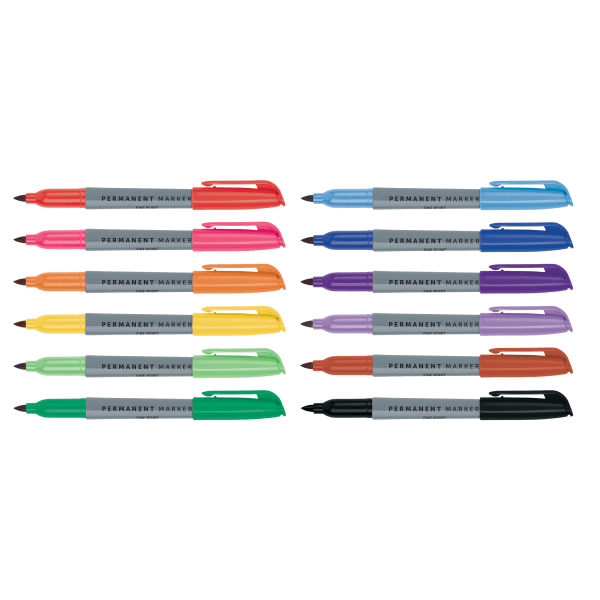 Permanent Markers, Fine Point, Assorted Colors, Pack Of 12