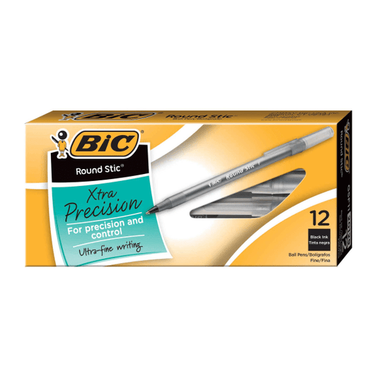 BIC Round Stick Ballpoint Pen, Fine Point, 0.8 mm, Black 12 Pack
