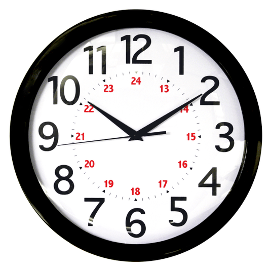 Round 24-Hour Wall Clock, 12", Black