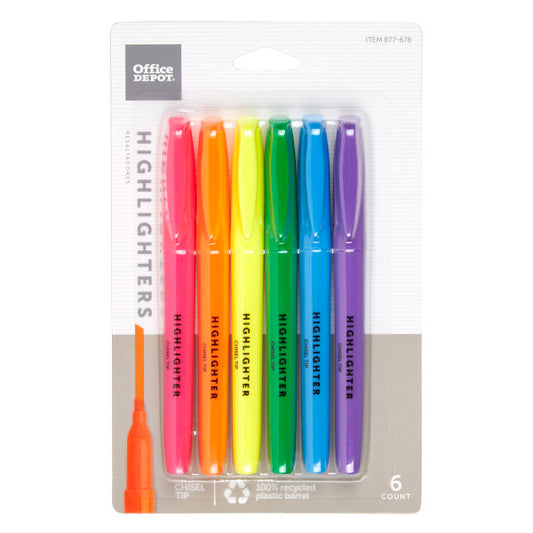 Pen-Style Highlighters, 100% Recycled, Assorted Colors, Pack Of 6 Highlighters