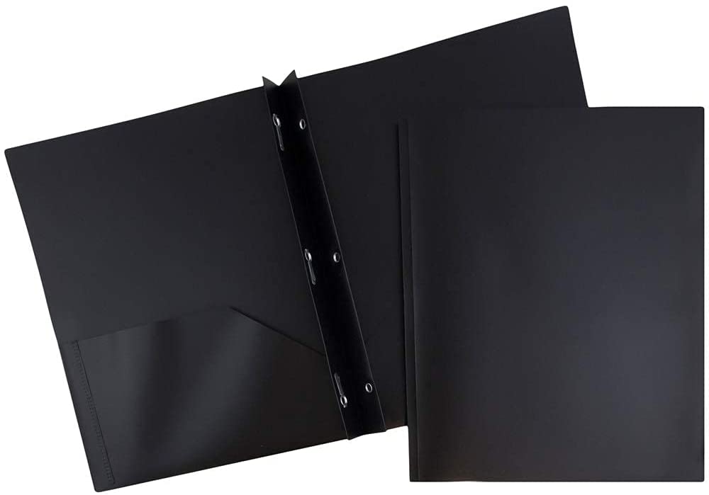 Enday Plastic 2-Pockets Poly Portfolio W/ 3 Prongs, Black