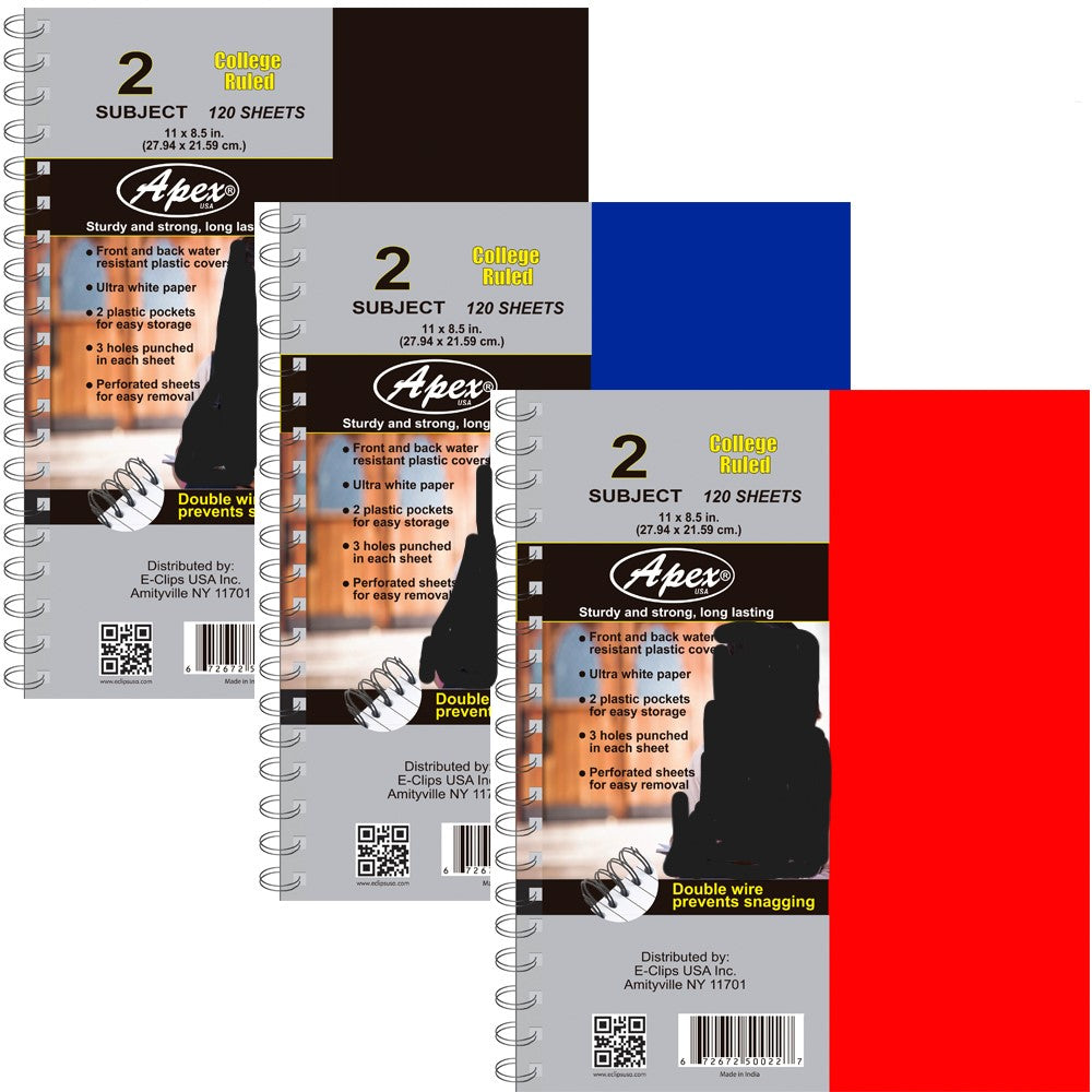 Poly cover 2 subject notebook. 120 sheets. Letter Size, Wide-ruled, Color may vary