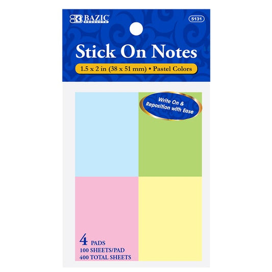 Stick On Notes 1.5" X 2" 100 Ct. 4 Assorted Pack