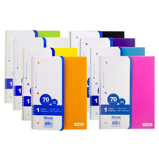 Poly Cover 1 Subject Spiral Notebooks, 70 Page, Wide Ruled Color may vary
