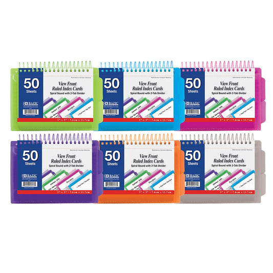Ruled White Index Card, View Poly Spiral Bound w/ 2-Tab Divider 3" x 5" 50 Ct. Color May Vary