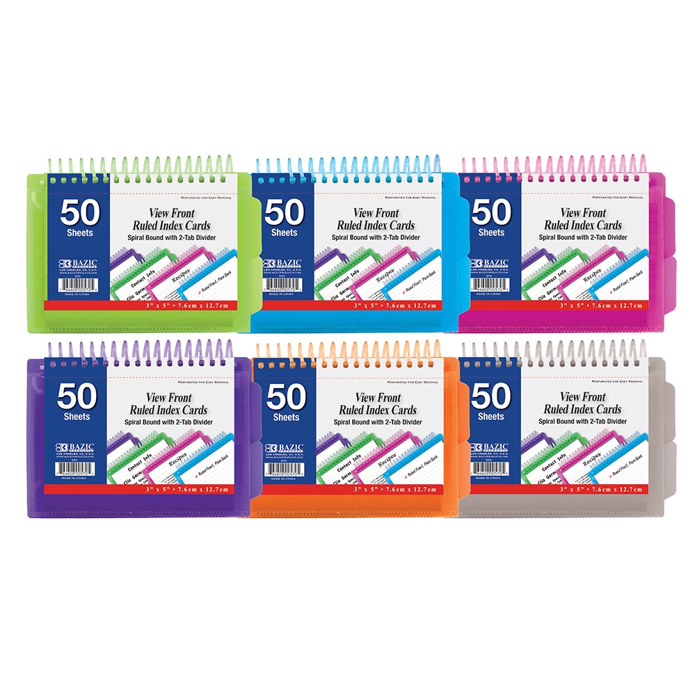Ruled White Index Card, View Poly Spiral Bound w/ 2-Tab Divider 3" x 5" 50 Ct. Color May Vary