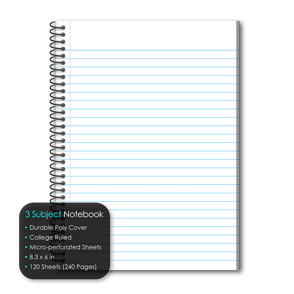 Poly Cover 3 Subject Spiral Notebooks, 8.3″ X 6″, College Ruled Color may vary