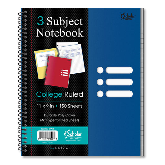 Poly Cover 3 Subject Spiral Notebooks, 11″ X 9″, College Ruled Color may vary