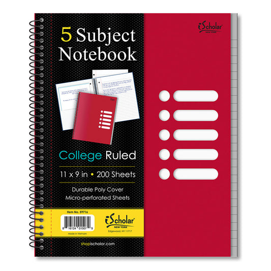 Poly Cover 5 Subject Spiral Notebooks, 11″ X 9″, College Ruled Color may vary