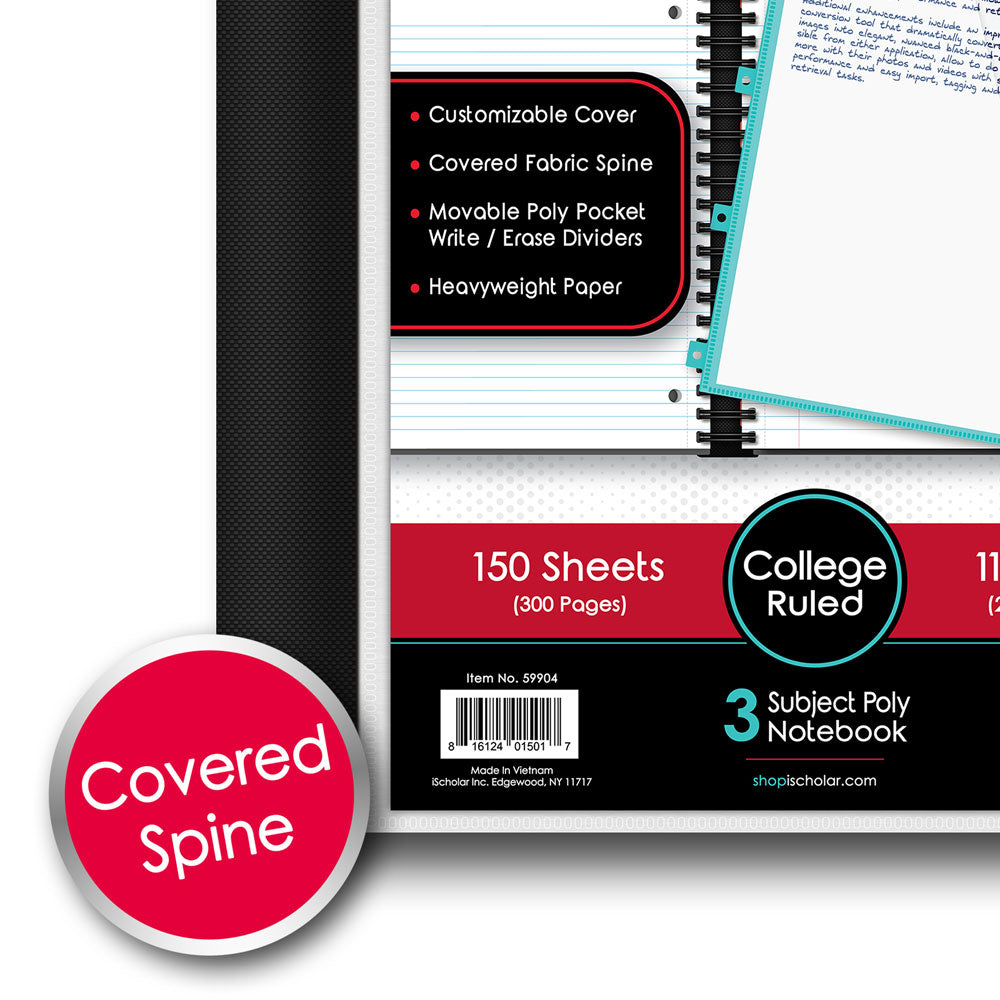 IQ+ Premium 3 Subject Spiral Notebooks, 11″ X 9″, College Ruled Color may vary