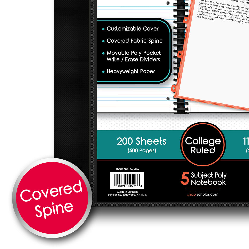 IQ+ Premium 5 Subject Spiral Notebooks, 11″ X 9″, College Ruled Color may vary