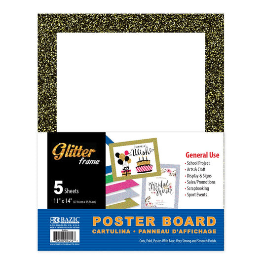 11" X 14" White Poster Board w/Glitter Frame Assorted Colors (5/Pack)