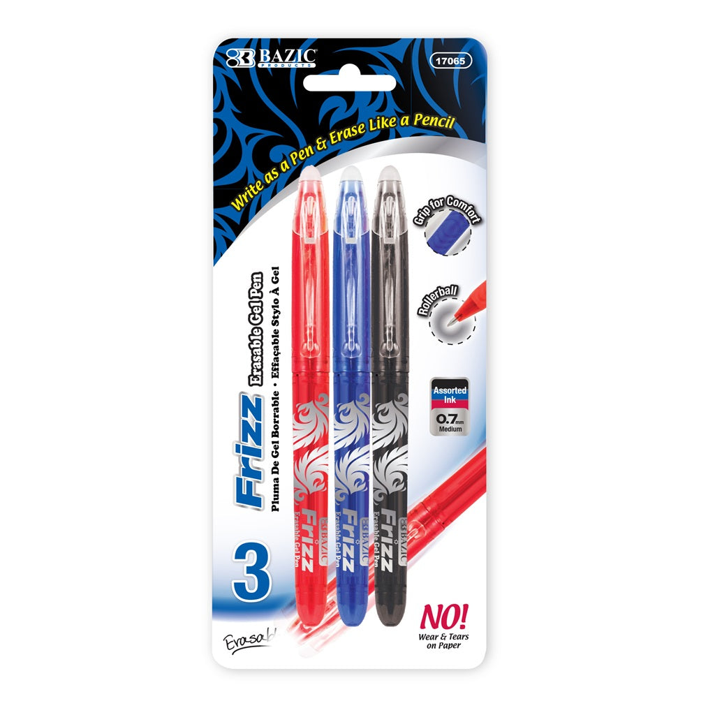 Frizz Assorted Color Erasable Gel Pen with Grip (3/Pack)