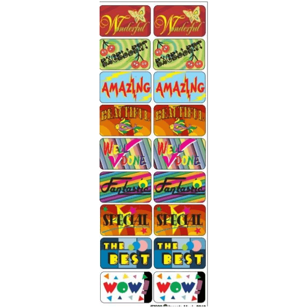 “Amazing, Excellent, Well Done, Fantastic, Wow, The Best” Colorful Square Stickers 6-Sheet pack