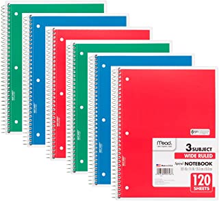 3 Subject Spiral Notebooks, Wide Ruled Color May Vary