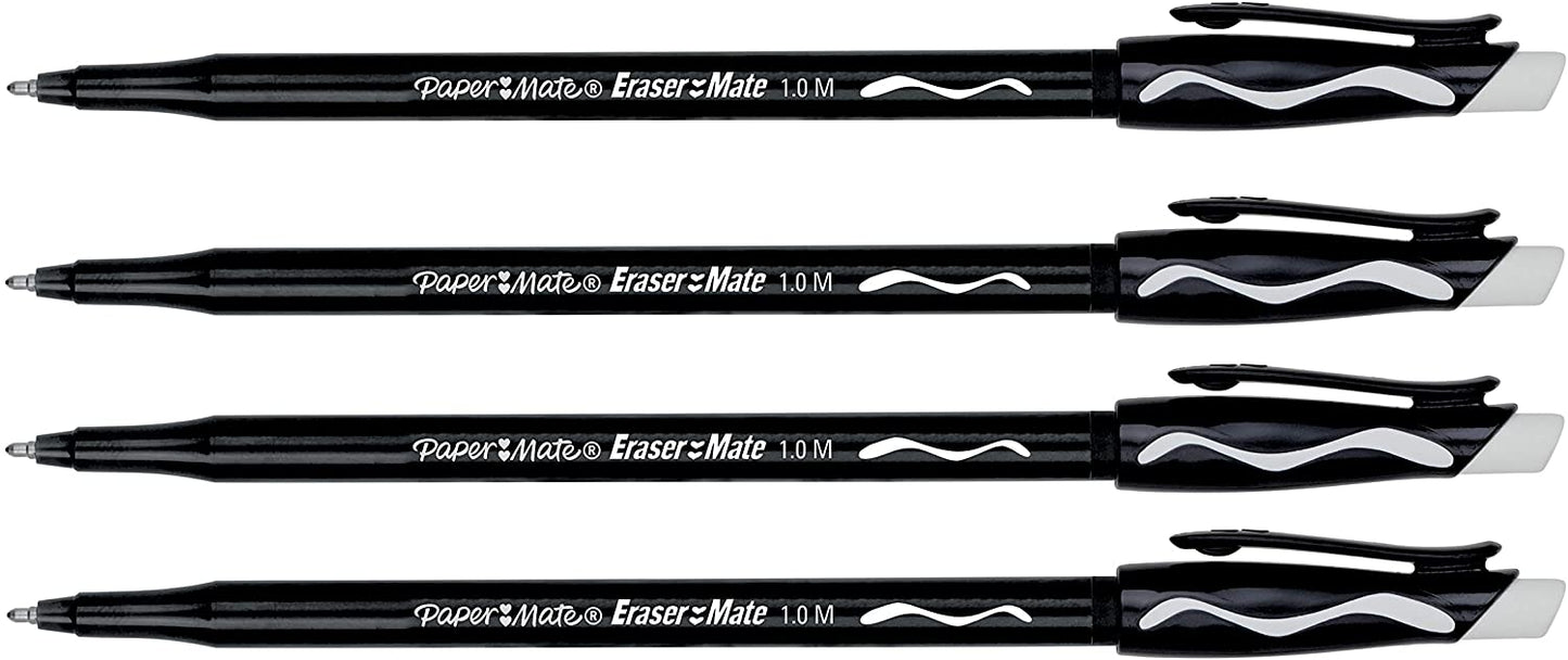 Paper Mate Erasermate Stick Medium Tip Ballpoint Pens, 4 Black Ink Pens