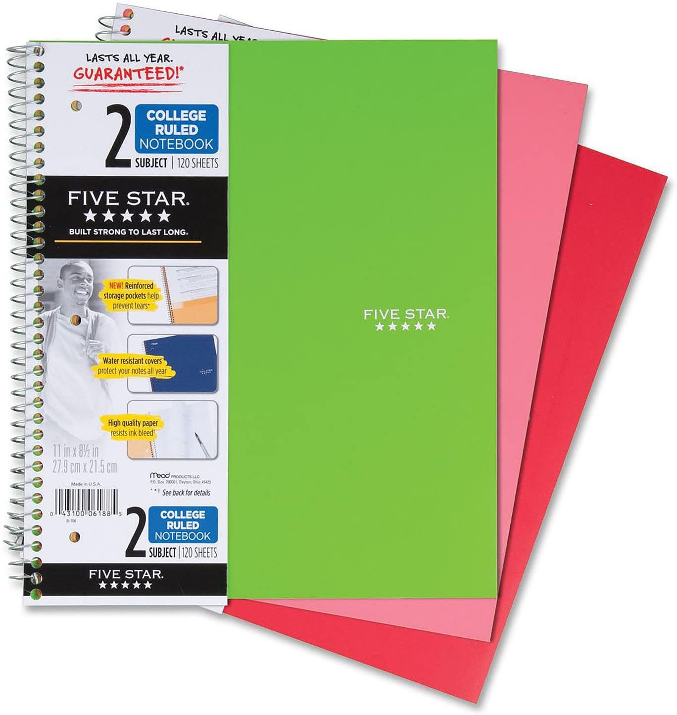 Five Star Notebook, 11" X 8-1/2" College Ruled 2 Subjects, 120 Sheets Color may vary