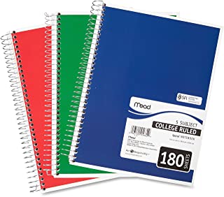 5 Subject Spiral Notebooks, College Ruled Color may vary