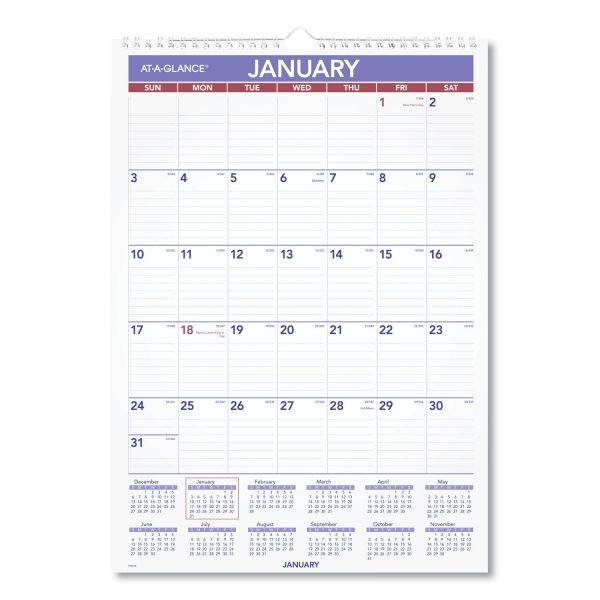 AT-A-GLANCE Monthly Wall Calendar with Ruled Daily Blocks 2026