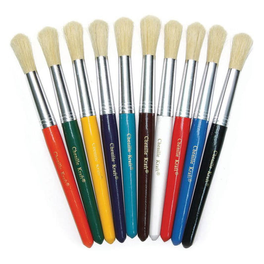 Beginner Paint Brushes 7-1/2" Long Round Stubby Brushes, 10 Assorted Colors