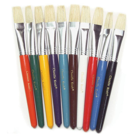 Beginner Paint Brushes 7-1/2" Long Flat Stubby Brushes, 10 Assorted Colors