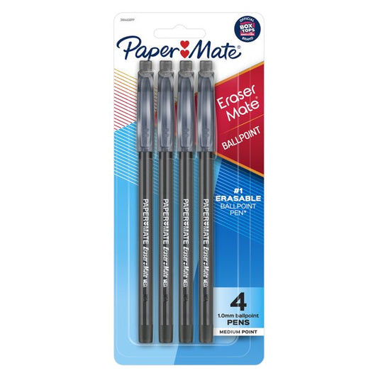 Paper Mate Erasermate Stick Medium Tip Ballpoint Pens, 4 Black Ink Pens