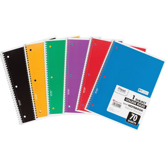 Mead 1 Subject Spiral Notebooks, 70 Page, College Ruled Color may vary