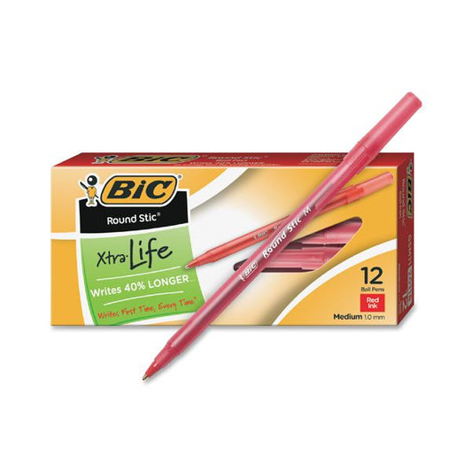 BIC Round Stick Ballpoint Pen, Medium Point, 1.0 mm, Red 12 Pack